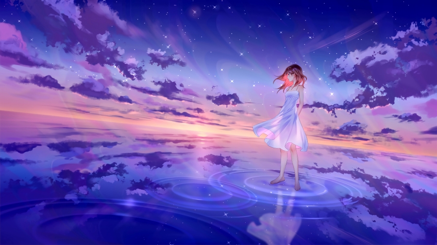 海边动漫少女身穿白色裙子在星空下光着脚丫如海上一样美轮美奂的4k唯美动漫壁纸