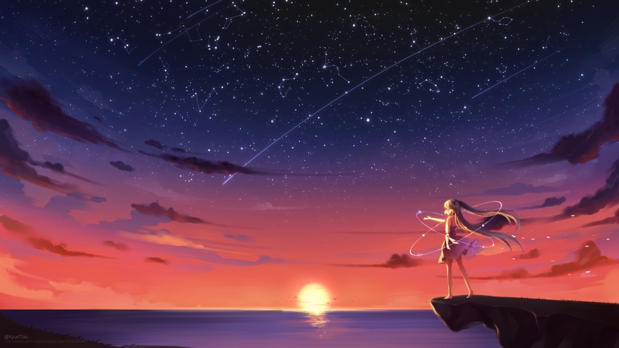 动漫少女黄昏在海边悬崖上看着满天的星空、唯美动漫4k图片壁纸