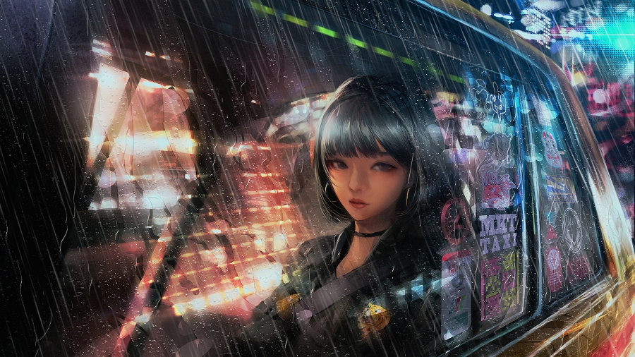 雨天透过车窗的动漫女孩4k动漫壁纸