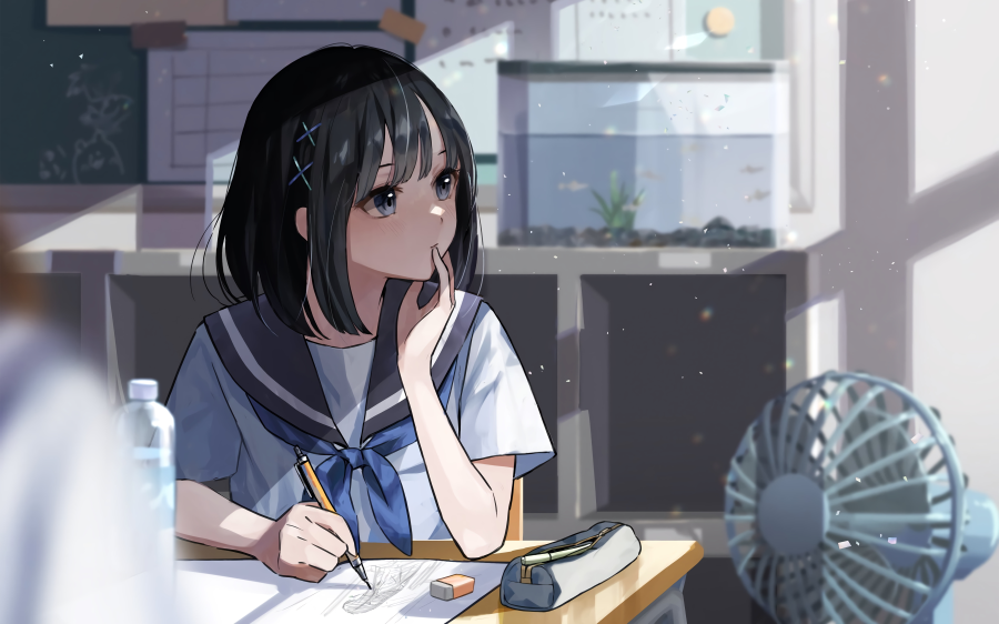动漫女孩课桌学习美术、风扇吹着学生装少女、可爱小清新的5k动漫壁纸