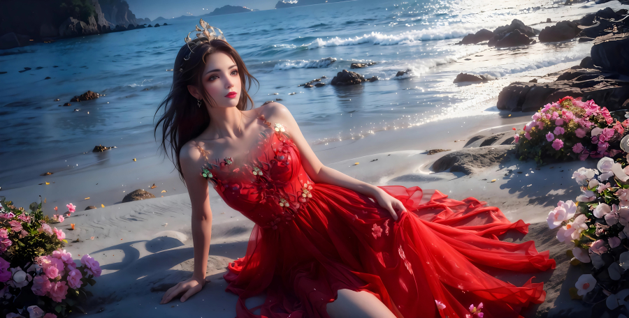 一个古风红色裙子美女躺在海滩,鲜花海滩漂亮的动漫女主,破苍穹4K壁纸